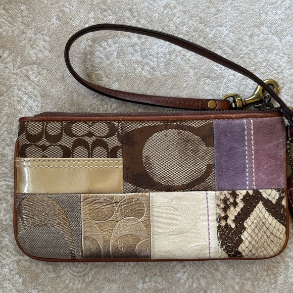 Coach Patchwork Zippered Wristlet Signature C Leather Suede Metallic Snakeskin - Picture 8 of 16
